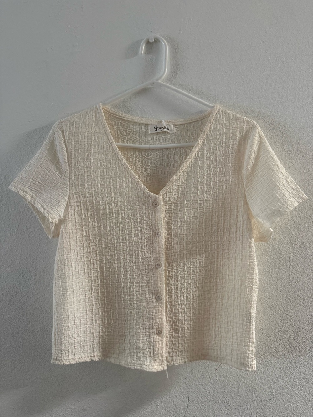 V-Neck Cream Textured Button-Front Blouse